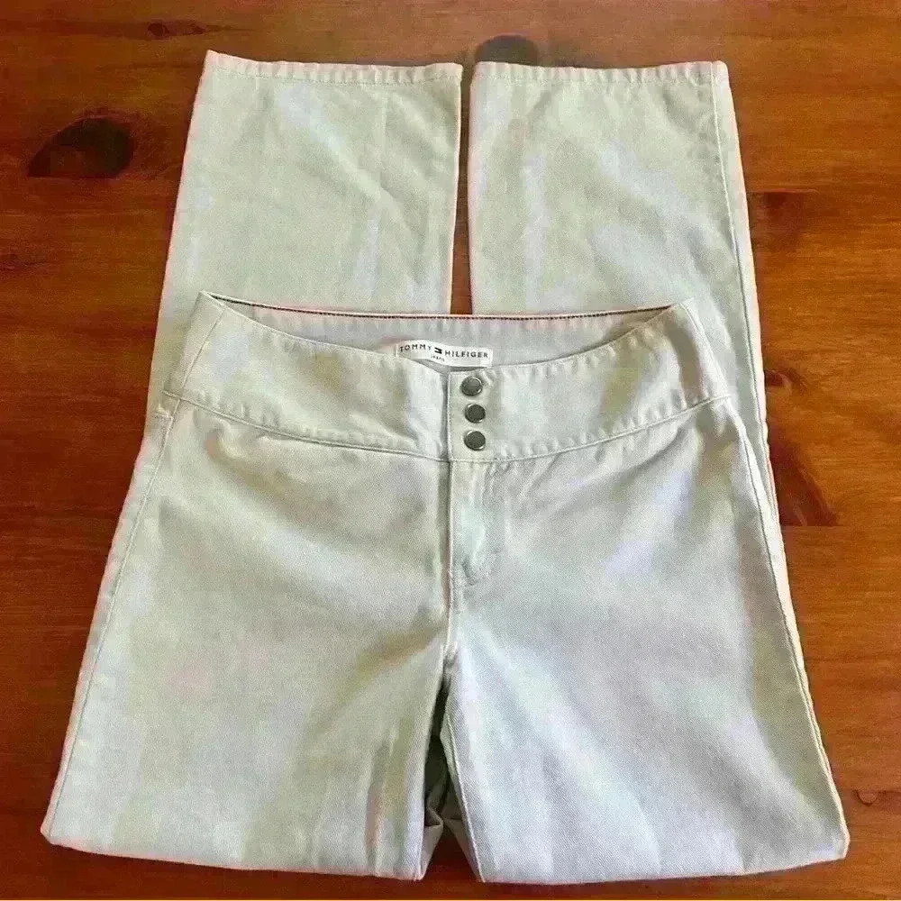 Y2K Tommy Hilfiger Jeans Women's Size 4 Bootcut Mid Rise Denim khaki Three snap‎